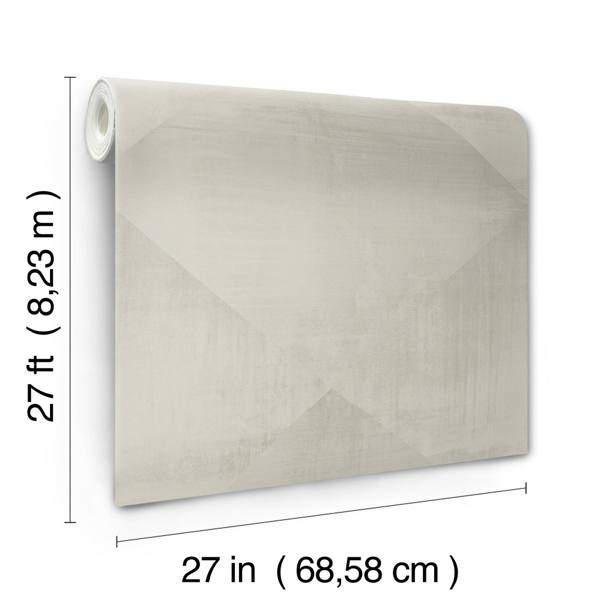 A roll of In Clay Wallpaper in a neutral color featuring a subtle geometric diamond pattern, with dimension lines indicating a height of 27 feet and a width of 27 inches.