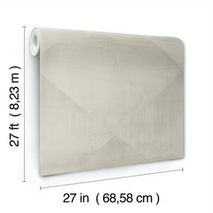 A roll of In Clay Wallpaper in a neutral color featuring a subtle geometric diamond pattern, with dimension lines indicating a height of 27 feet and a width of 27 inches.