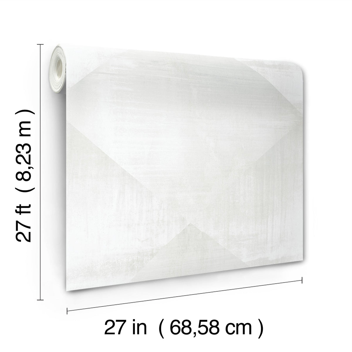 A roll of off-white In Clay Wallpaper by York Wallcoverings with a subtle geometric pattern, measuring 27 inches wide by 27 feet long.