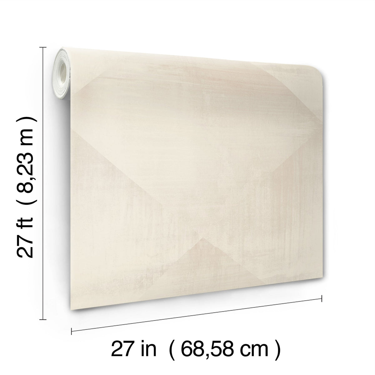 A roll of In Clay Wallpaper by York Wallcoverings, featuring a beige, large-scale geometric pattern and measuring 27 feet by 27 inches.