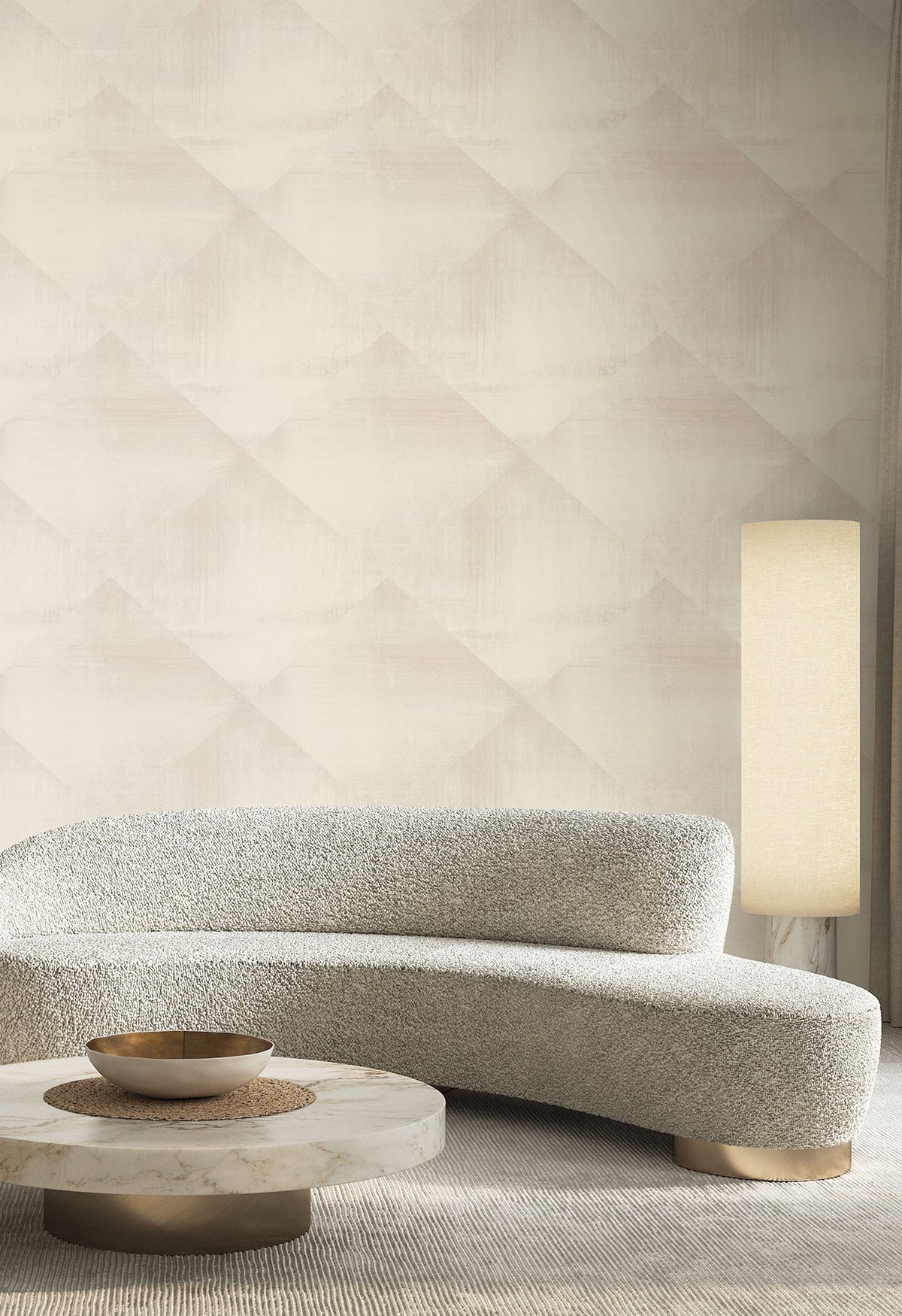 In Clay Wallpaper featuring a subtle, geometric diamond pattern in shades of cream and beige behind a curved sofa and floor lamp.