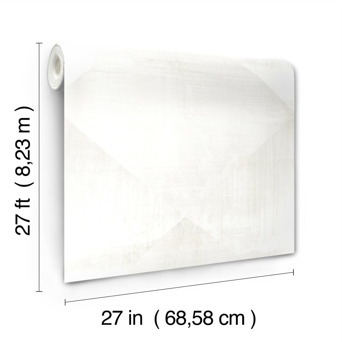 A roll of light gray In Clay Wallpaper featuring a large, subtle geometric diamond pattern, with dimension lines indicating a length of 27 feet and a width of 27 inches.