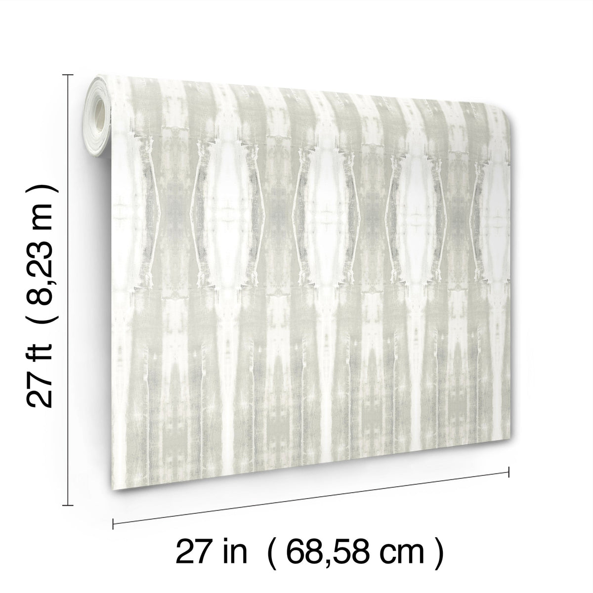 The Escalante Wallpaper by York Wallcoverings is shown in a roll measuring 27 feet (8.23 meters) in length and 27 inches (68.58 centimeters) in width, featuring a light, abstract design.