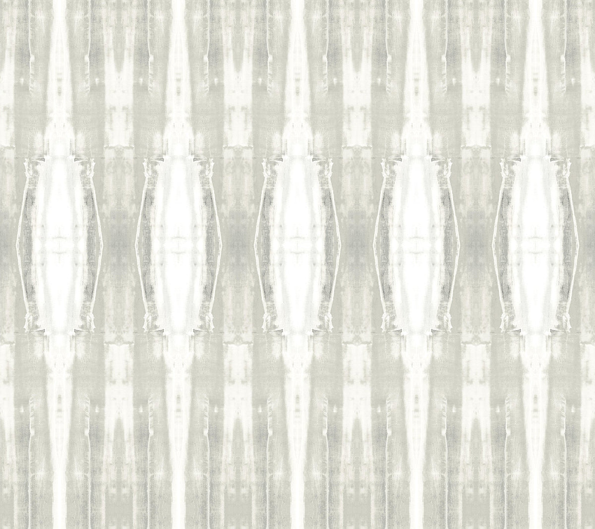 The Escalante Wallpaper by York Wallcoverings features a symmetrical abstract pattern with vertical, elongated shapes in light gray and white tones, reminiscent of mirrored watercolor brush strokes. This design creates a soft, textured, and repeating geometric effect.