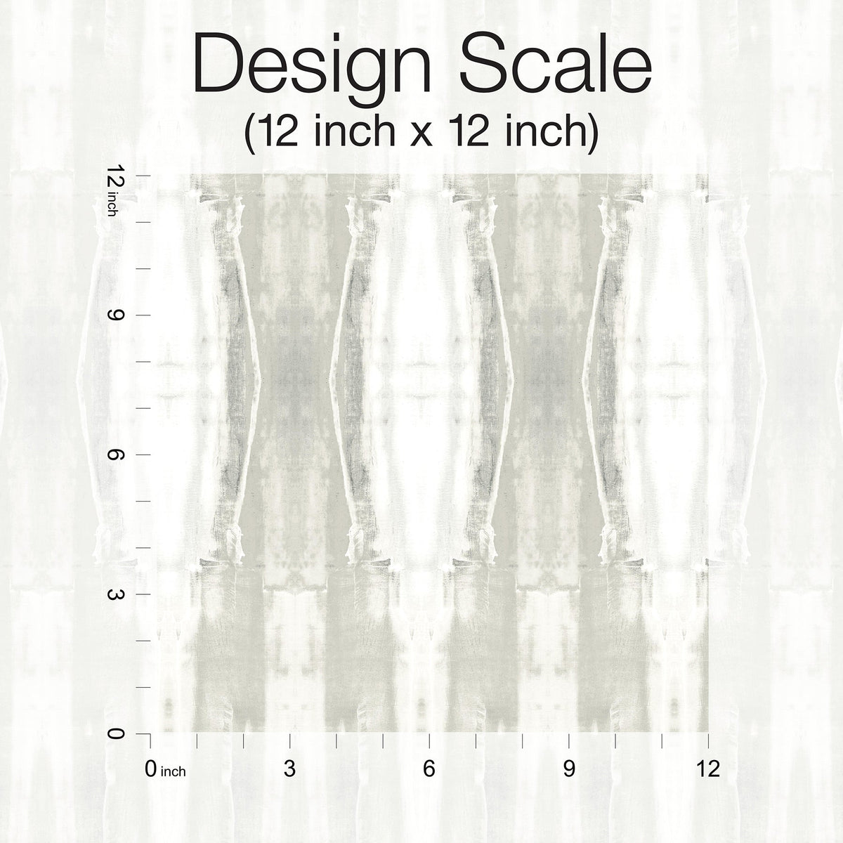 Abstract grayscale pattern with mirrored vertical shapes. A black scale on the left and bottom edges marks inches from 0 to 12. Text above reads: Escalante Wallpaper – Design Scale (12 inch x 12 inch), York Wallcoverings.