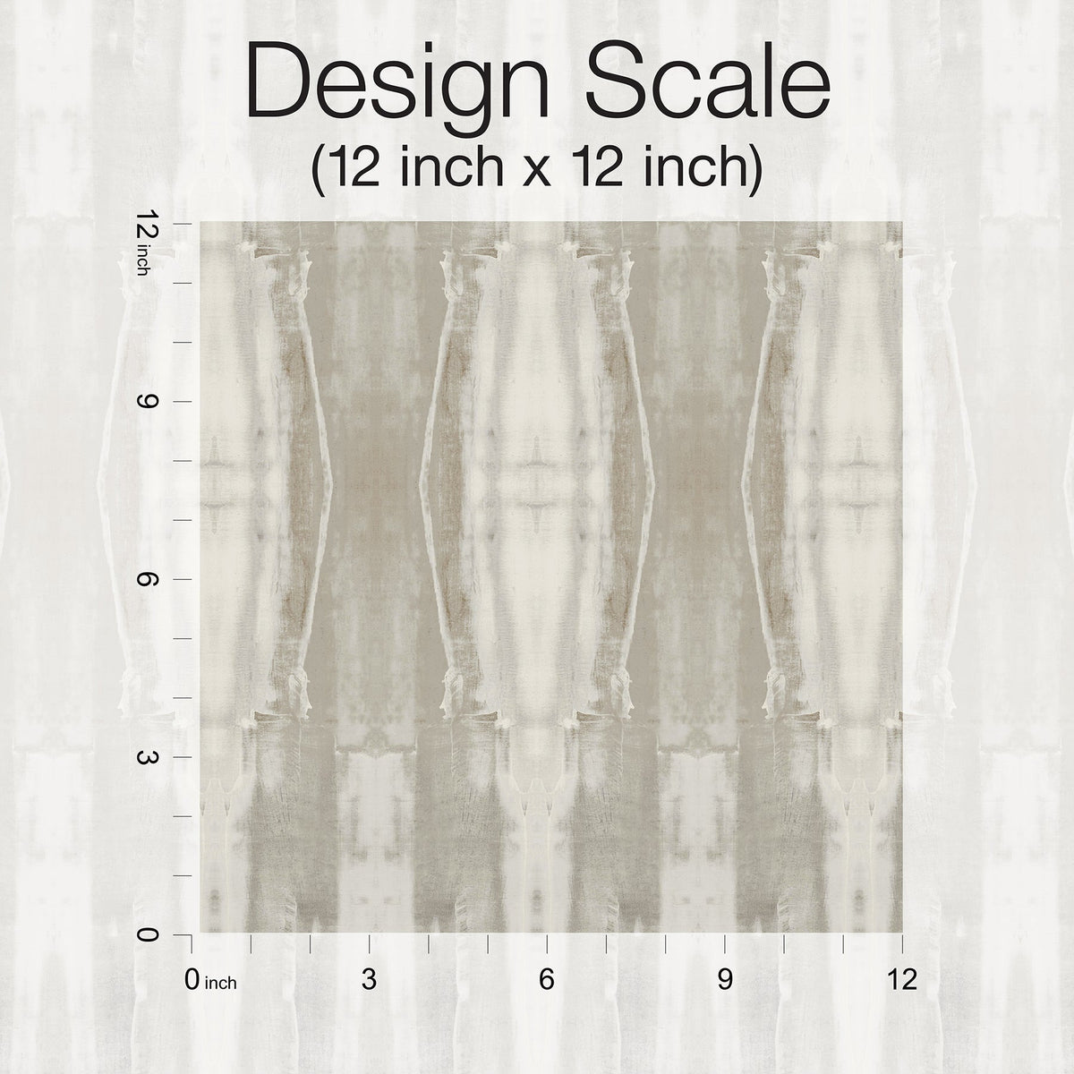 A square 12x12 inch fabric swatch of York Wallcoverings’ Escalante Wallpaper, featuring a muted, abstract beige and gray pattern, is displayed on a grid with inch measurements along the top and left edges. Text above reads Design Scale (12 inch x 12 inch).