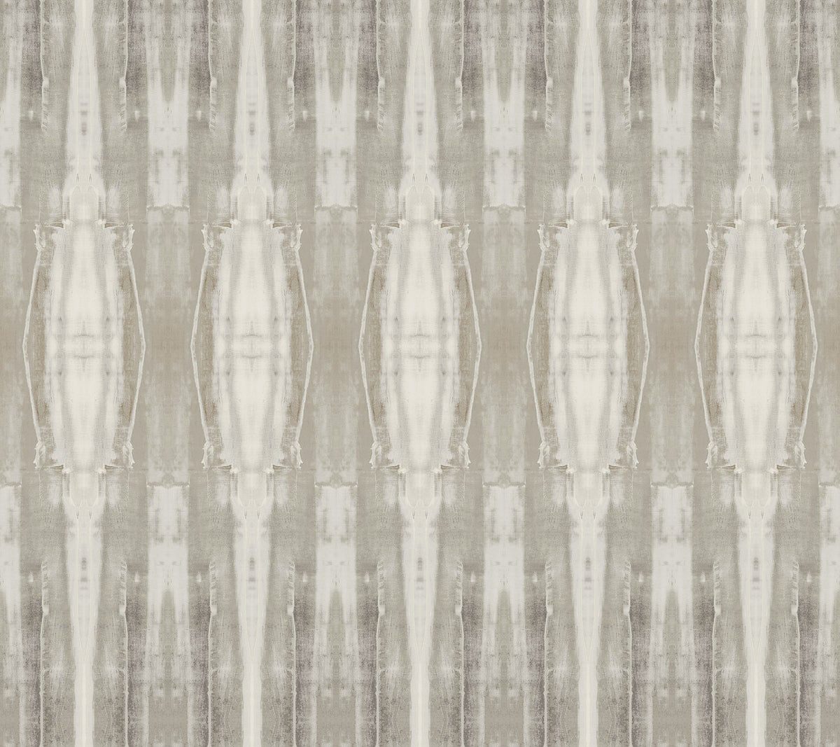 Escalante Wallpaper by York Wallcoverings features a repeating vertical pattern in muted beige, gray, and off-white tones, creating a symmetrical, abstract, and slightly blurred striped design reminiscent of tie-dye or weathered fabric.