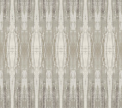 Escalante Wallpaper by York Wallcoverings features a repeating vertical pattern in muted beige, gray, and off-white tones, creating a symmetrical, abstract, and slightly blurred striped design reminiscent of tie-dye or weathered fabric.