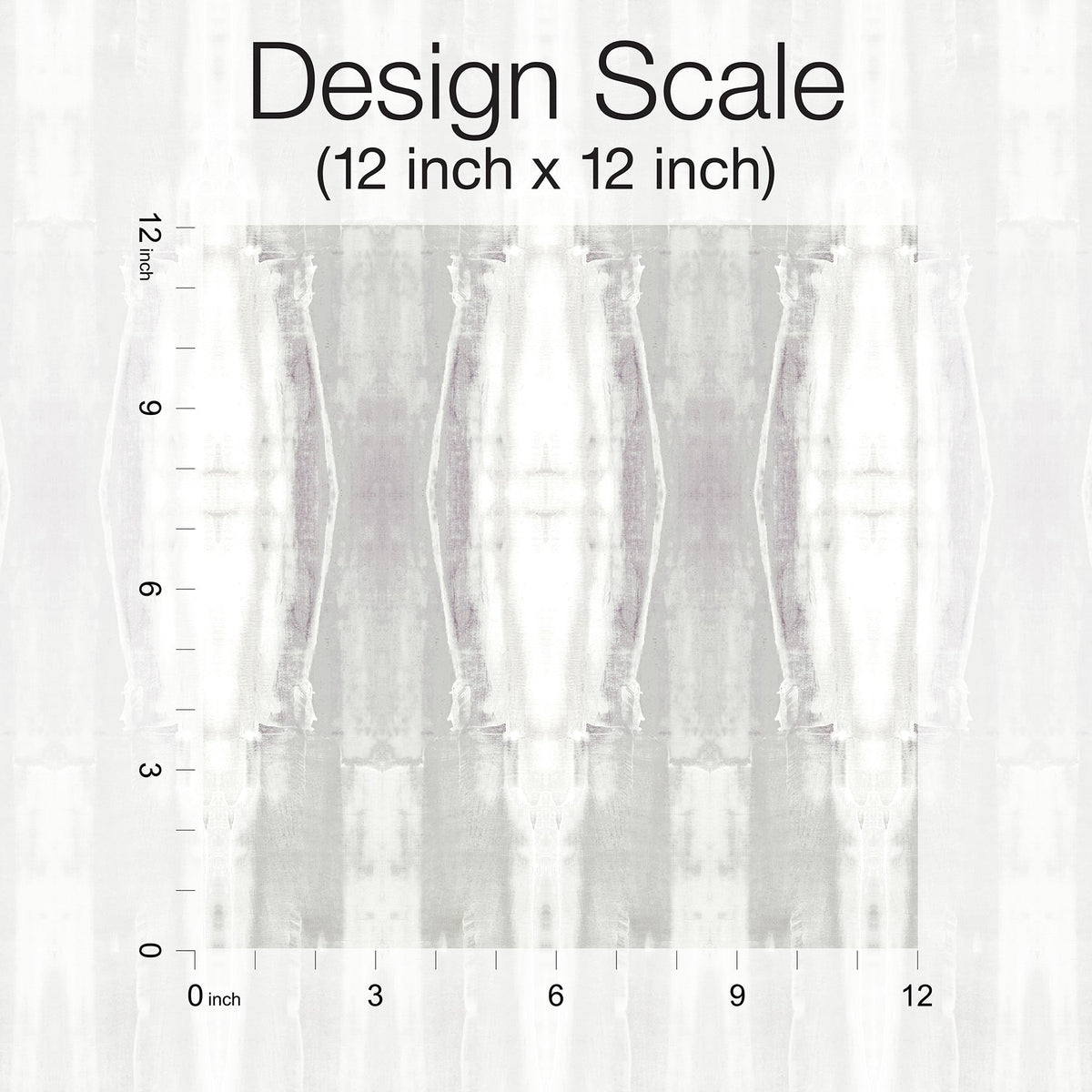 Escalante Wallpaper sample featuring a vertical, abstract white and grey ombre pattern with a 12-inch by 12-inch scale reference grid.