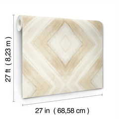 A roll of Ballad Wallpaper by York Wallcoverings featuring a beige and white diamond pattern with brushstroke textures, measuring 27 inches by 27 feet.