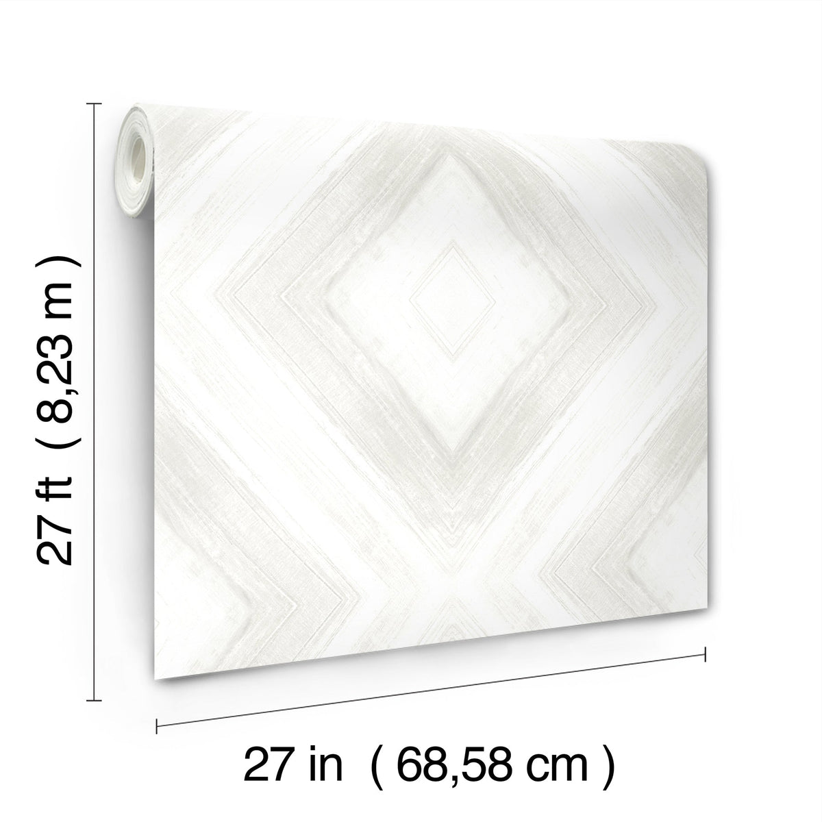 A roll of Ballad Wallpaper by York Wallcoverings featuring a white and gray diamond pattern, measuring 27 feet by 27 inches.