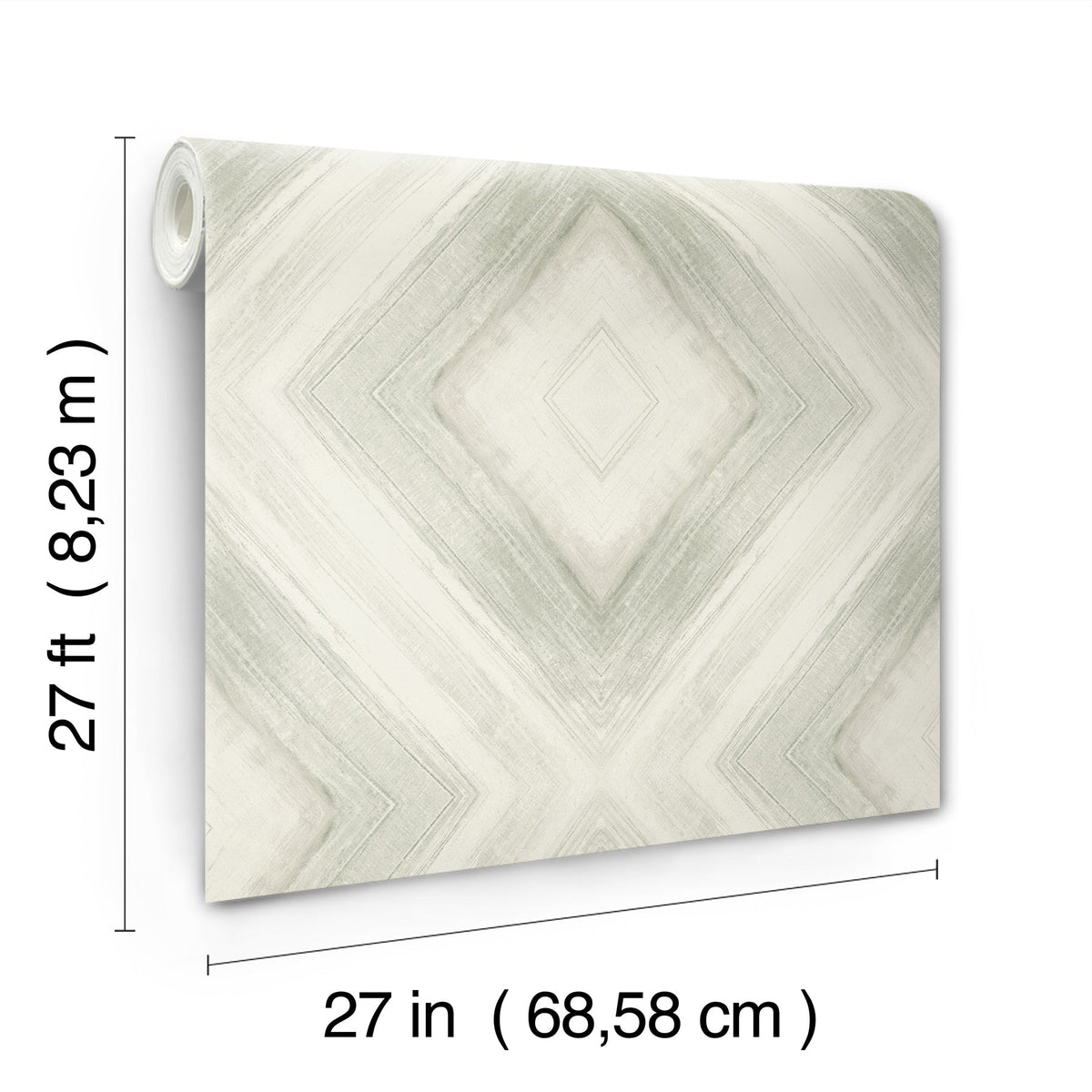 A roll of Ballad Wallpaper by York Wallcoverings featuring a light green and white diamond pattern, measuring 27 inches by 27 feet.