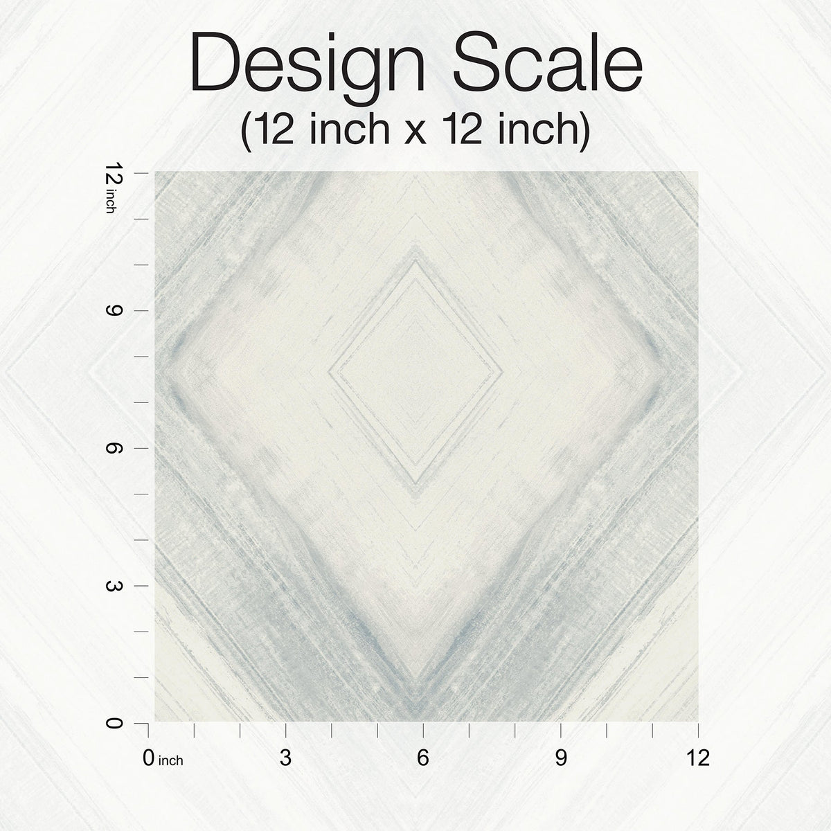 A square sample of Ballad Wallpaper with a white and gray diamond-shaped pattern, shown on a 12-inch by 12-inch scale grid.