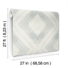 A roll of Ballad Wallpaper by York Wallcoverings featuring a gray and white diamond pattern, with dimensions labeled 27 feet by 27 inches.