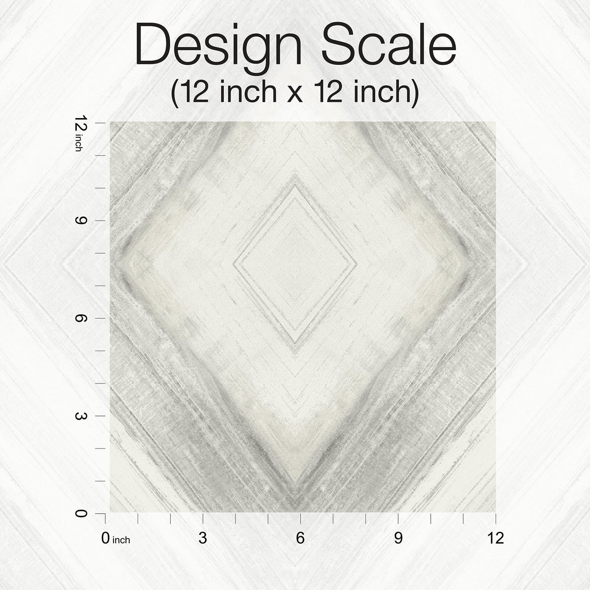 Ballad wallpaper design scale showing a twelve by twelve inch geometric woodgrain pattern.