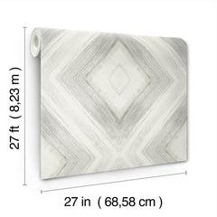 Ballad wallpaper dimensions showing a black and white geometric diamond pattern on a roll.