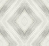 Ballad wallpaper featuring a symmetrical grey and white weathered wood grain geometric diamond pattern.