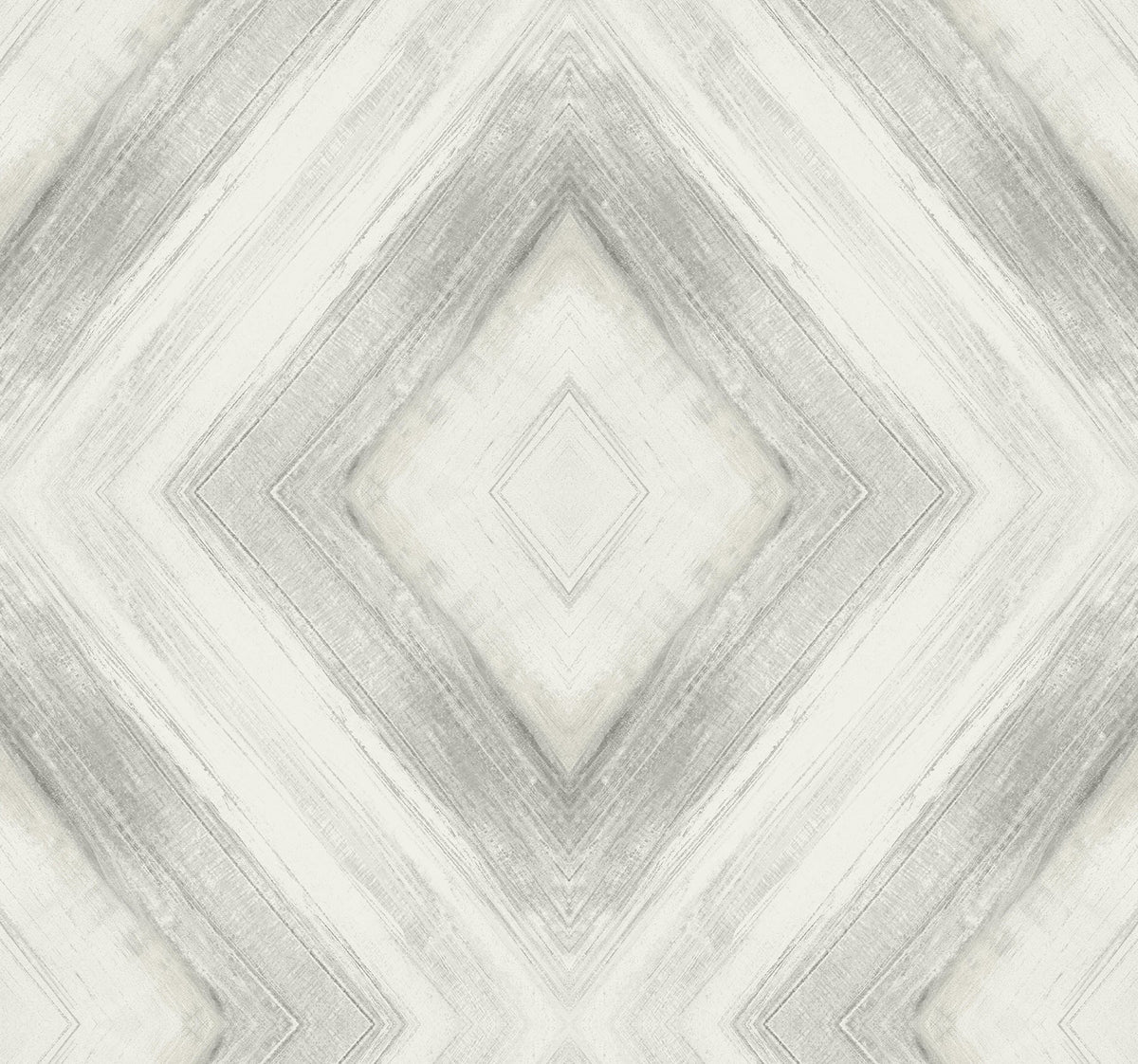 Ballad wallpaper featuring a symmetrical grey and white weathered wood grain geometric diamond pattern.