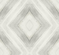 Ballad wallpaper featuring a symmetrical grey and white weathered wood grain geometric diamond pattern.