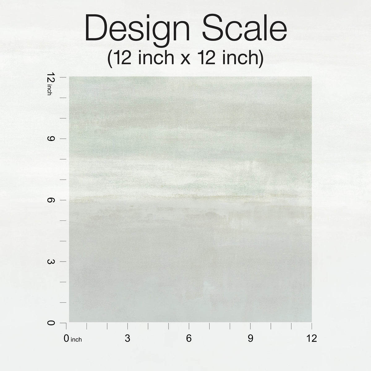 Serene Reflection Wallpaper sample with a soft, horizontal gradient of muted green and gray, shown against a 12-inch scale grid.