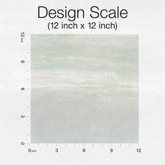 Serene Reflection Wallpaper sample with a soft, horizontal gradient of muted green and gray, shown against a 12-inch scale grid.