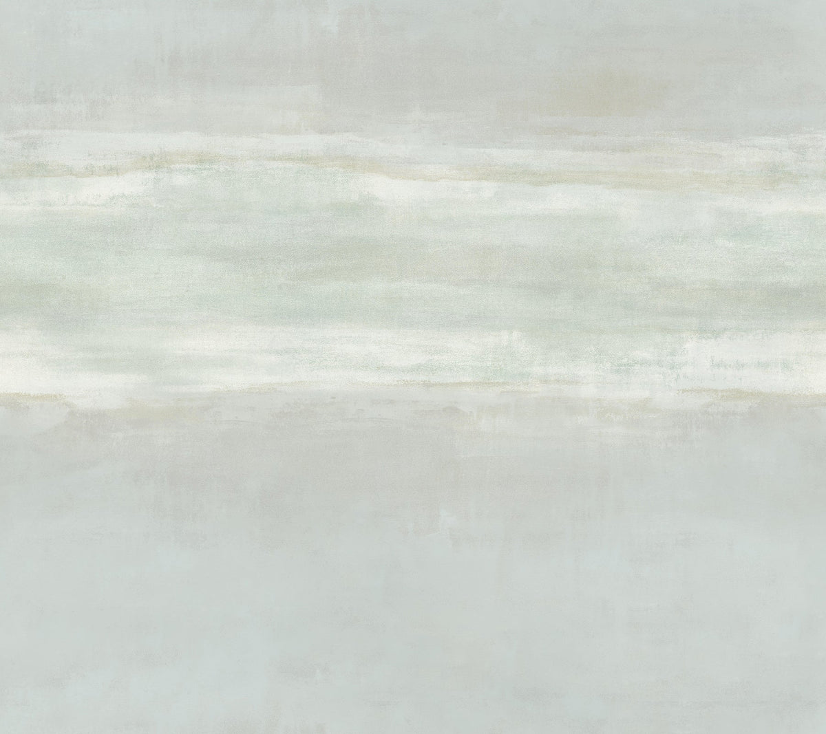Serene Reflection Wallpaper featuring a soft, abstract horizontal wash of muted grey, white, and pale sage tones.