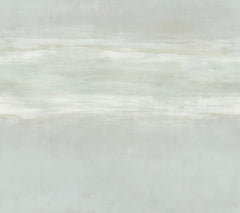 Serene Reflection Wallpaper featuring a soft, abstract horizontal wash of muted grey, white, and pale sage tones.