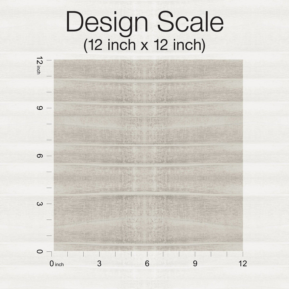 Grey Stone Wallpaper sample featuring a horizontal light grey wood grain pattern, shown against a 12-inch by 12-inch measurement scale.