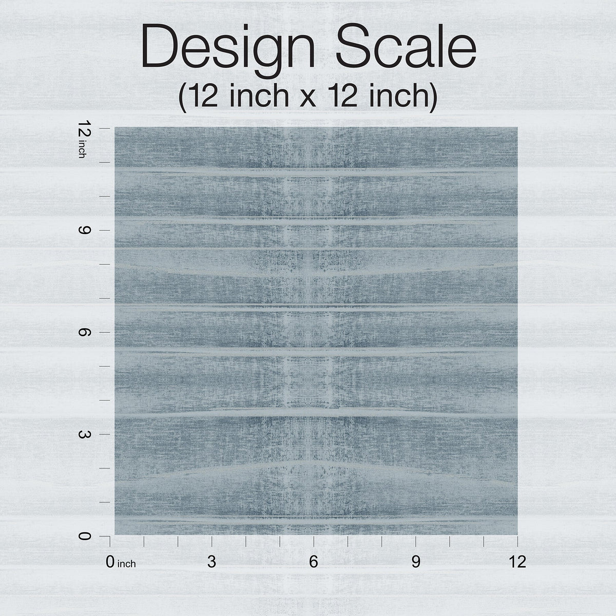A square sample of Grey Stone Wallpaper in blue-grey with a horizontal wood grain pattern, shown against a 12-inch by 12-inch scale ruler.
