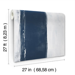 Ink Wash Wallpaper featuring an abstract design with a wide, dark blue vertical stripe against a textured light gray background, measuring 27 feet by 27 inches.