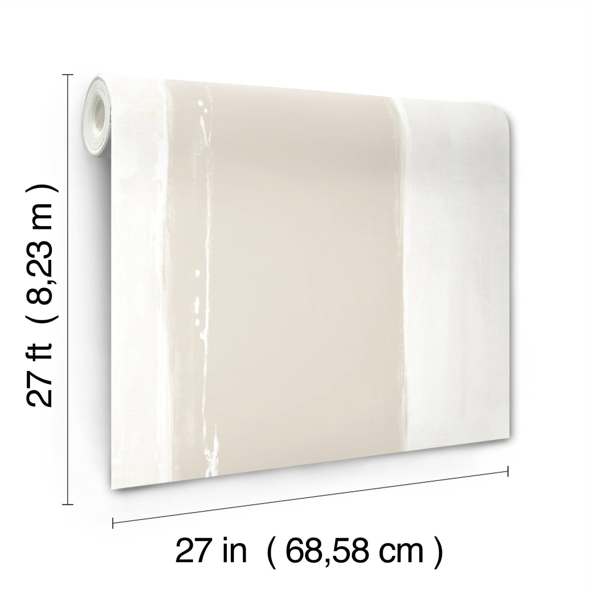 A roll of Ink Wash Wallpaper by York Wallcoverings featuring broad, vertical brushstroke bands in cream and white, measuring 27 feet long and 27 inches wide.