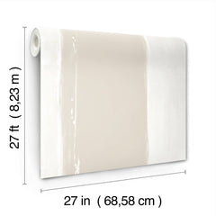 A roll of Ink Wash Wallpaper by York Wallcoverings featuring broad, vertical brushstroke bands in cream and white, measuring 27 feet long and 27 inches wide.