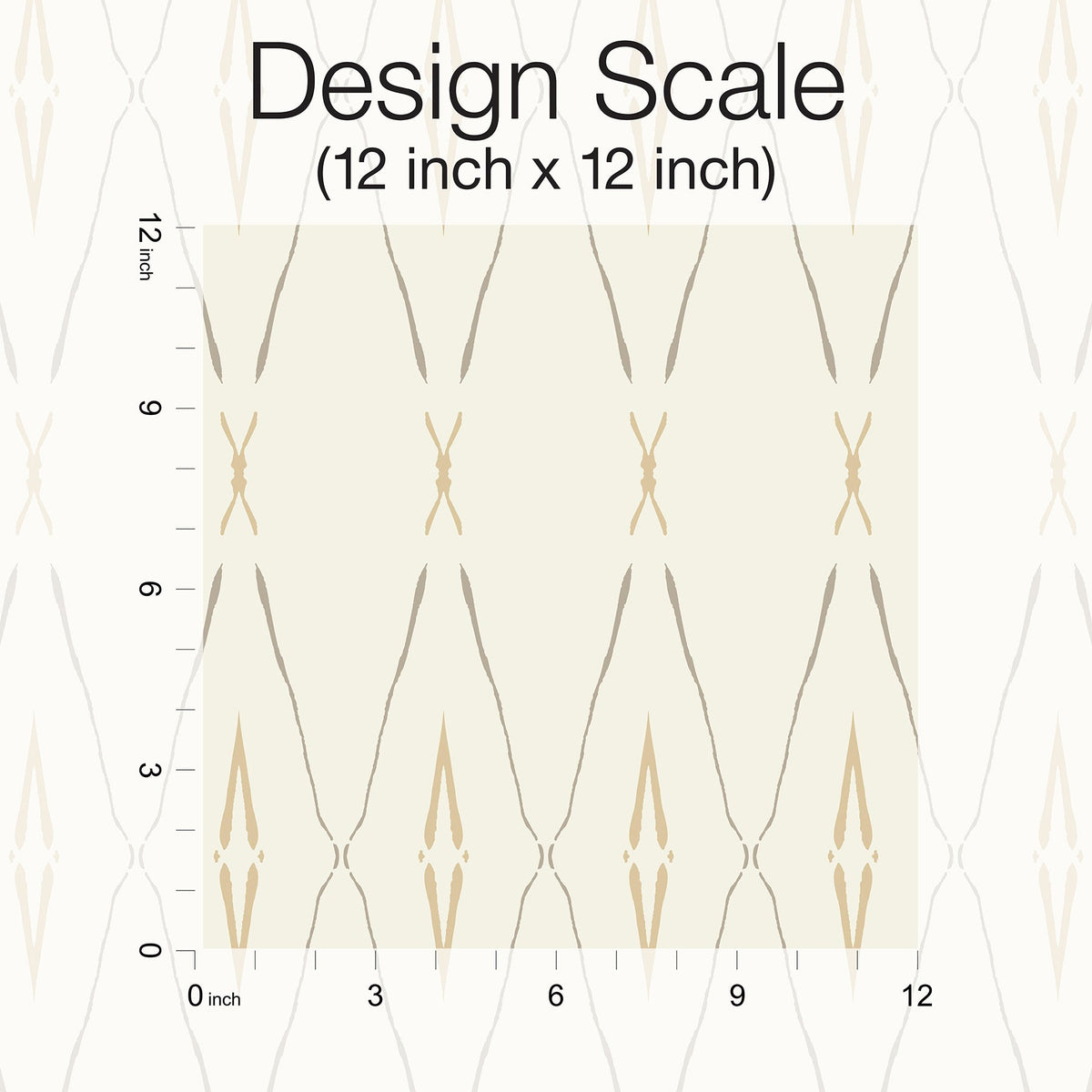 Artifact Silhouettes Wallpaper featuring repeating geometric shapes in neutral tones, shown on a 12-inch by 12-inch scale grid.