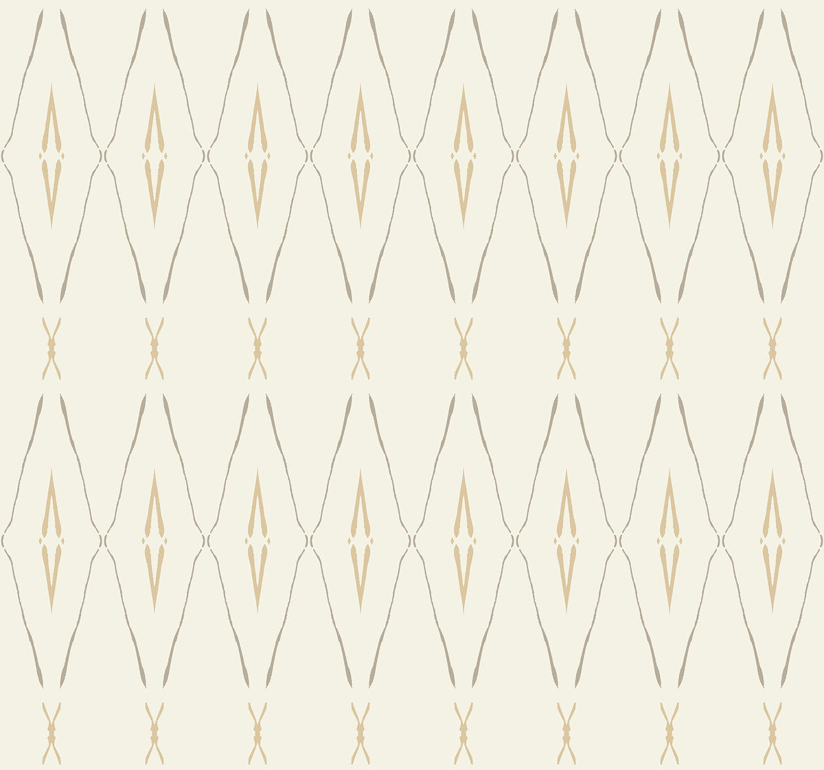 Artifact Silhouettes Wallpaper featuring a repeating geometric pattern of interlocking diamond shapes and thin vertical lines in beige and off-white.