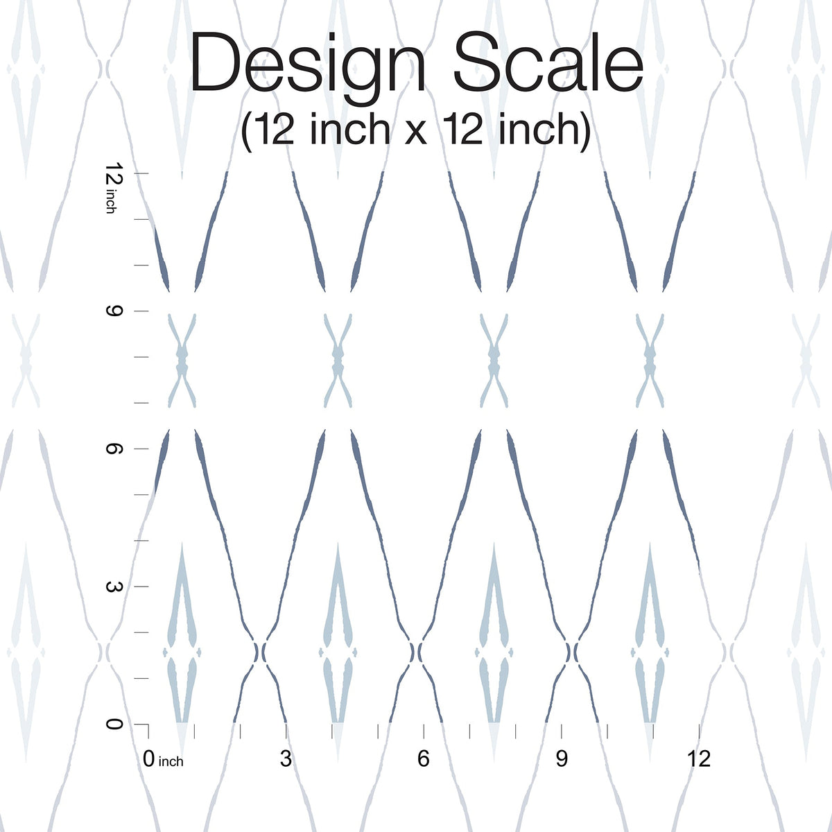 Artifact Silhouettes Wallpaper featuring a repeating pattern of blue-grey diamond-shaped silhouettes on a white background, shown against a 12-inch by 12-inch scale grid.