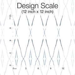 Artifact Silhouettes Wallpaper featuring a repeating pattern of blue-grey diamond-shaped silhouettes on a white background, shown against a 12-inch by 12-inch scale grid.