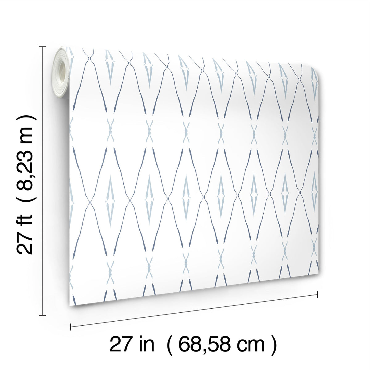 A roll of Artifact Silhouettes Wallpaper featuring a white background with a repeating blue diamond-shaped lattice pattern, shown with measurement indicators for length and width.