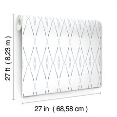 A roll of Artifact Silhouettes Wallpaper featuring a white background with a repeating blue diamond-shaped lattice pattern, shown with measurement indicators for length and width.