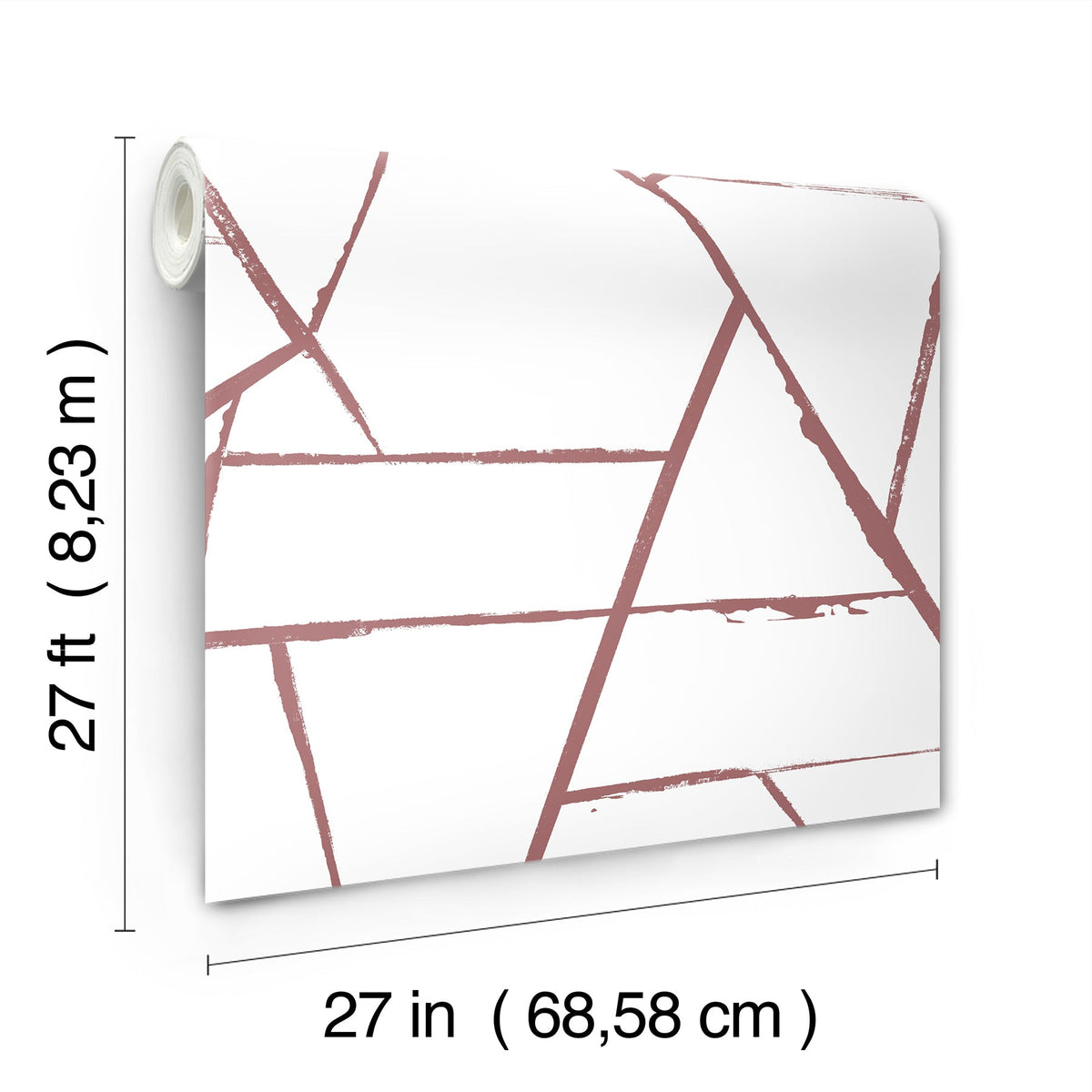A roll of York Wallcoverings Intersect Wallpaper featuring a geometric pattern of intersecting dusty pink lines on a white background.