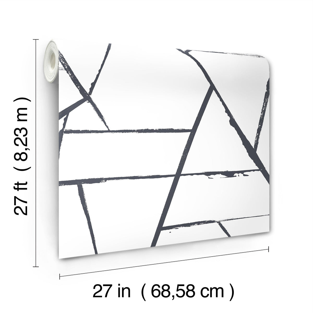 A roll of York Wallcoverings Intersect wallpaper featuring a charcoal gray abstract geometric pattern of intersecting lines on a white background, measuring 27 feet by 27 inches.