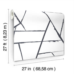 A roll of York Wallcoverings Intersect wallpaper featuring a charcoal gray abstract geometric pattern of intersecting lines on a white background, measuring 27 feet by 27 inches.