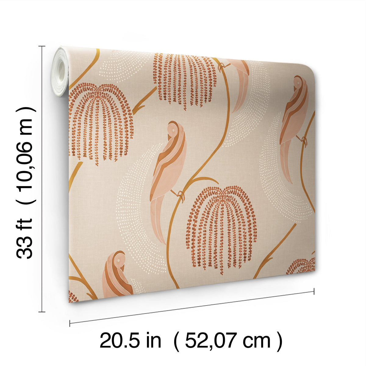 Blaise Wallpaper roll featuring a pattern of stylized birds and willow-like trees in shades of orange and tan, with dimension lines indicating a length of 33 feet and a width of 20.5 inches.