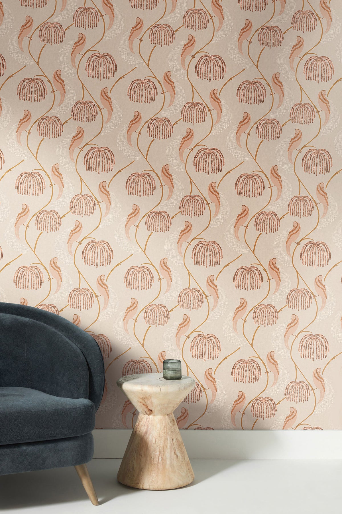 Blaise Wallpaper features a repeating pattern of stylized weeping willow branches in shades of peach, orange, and brown.