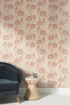 Blaise Wallpaper features a repeating pattern of stylized weeping willow branches in shades of peach, orange, and brown.