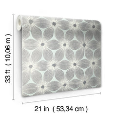 A roll of Candice Olson Everlasting Wallpaper featuring a repeating pattern of grey-lined flowers on a light blue background, measuring 33 feet long and 21 inches wide.