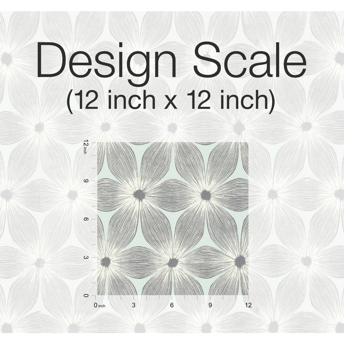 A 12-inch by 12-inch sample of Candice Olson Everlasting Wallpaper by York Wallcoverings, featuring a repeating pattern of stylized gray flowers on a pale background with a measurement scale overlaid.
