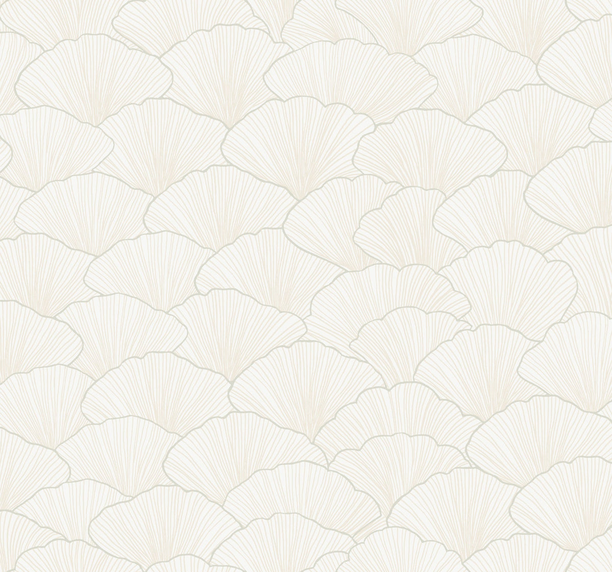 Candice Olson Luminous Ginkgo Wallpaper features an overlapping, fan-shaped ginkgo leaf pattern in light gray lines on an off-white background.