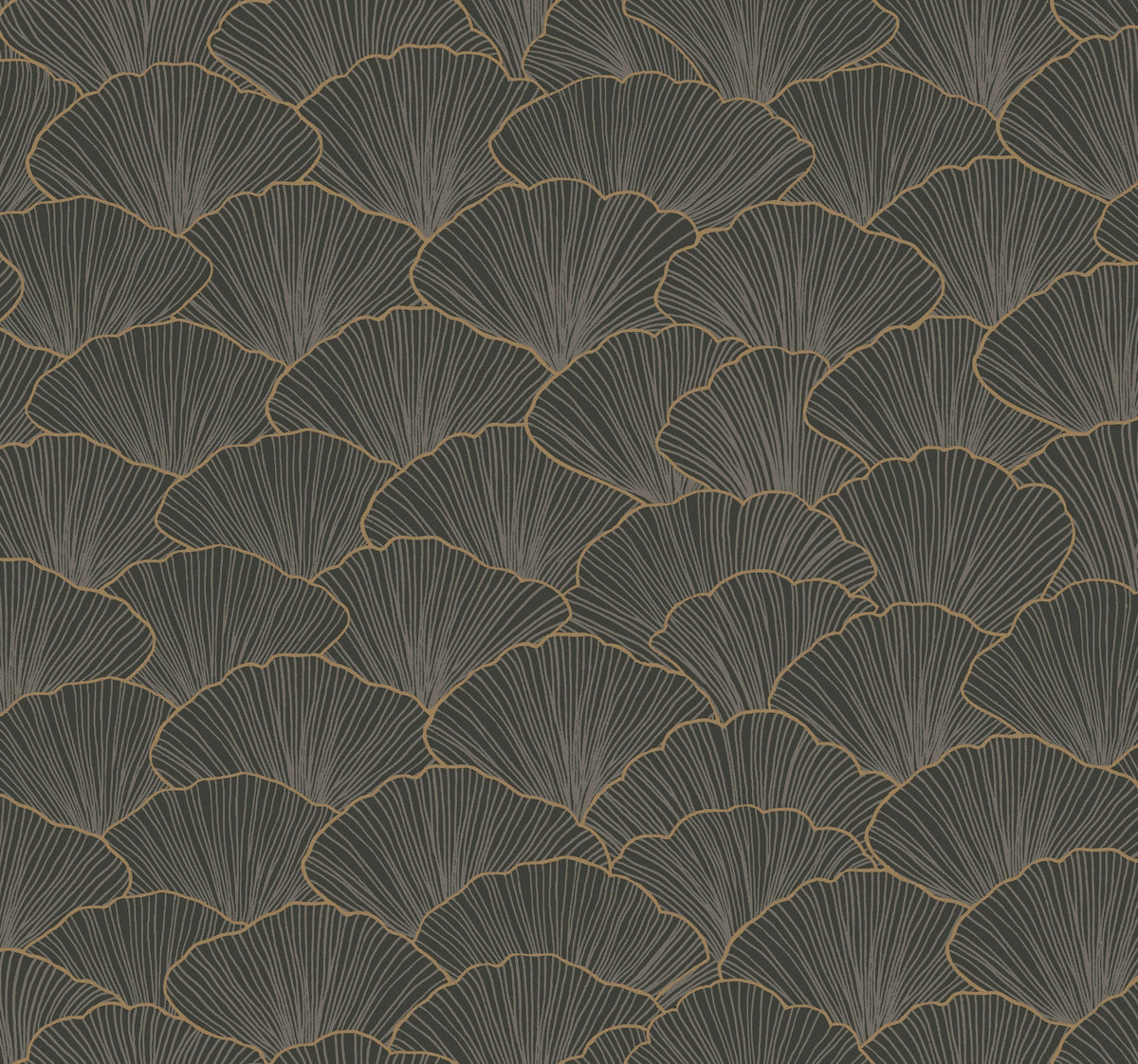 Candice Olson Luminous Gingko Wallpaper featuring overlapping dark gray ginkgo leaves outlined in thin gold lines.