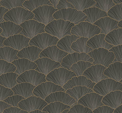 Candice Olson Luminous Gingko Wallpaper featuring overlapping dark gray ginkgo leaves outlined in thin gold lines.