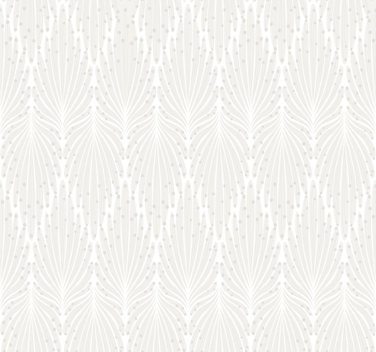 Candice Olson Café Society Wallpaper featuring a repeating fan-like leaf pattern in soft gray on a white background.